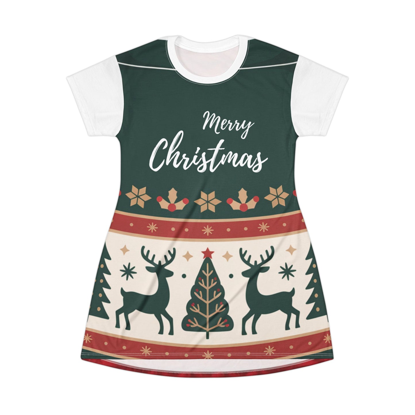 Merry Christmas Reindeer T‑Shirt Dress — Festive Holiday AOP Dress