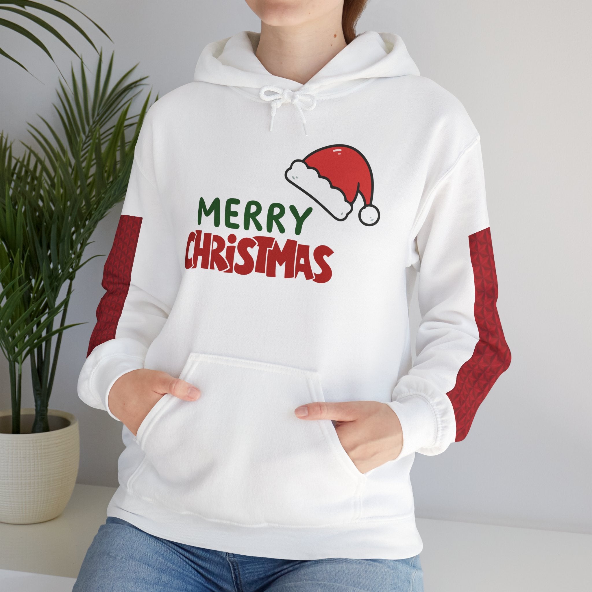 Christmas Hoodie - 'Merry Christmas' Santa Hat & Cozy Cabin Tree Holiday Pullover