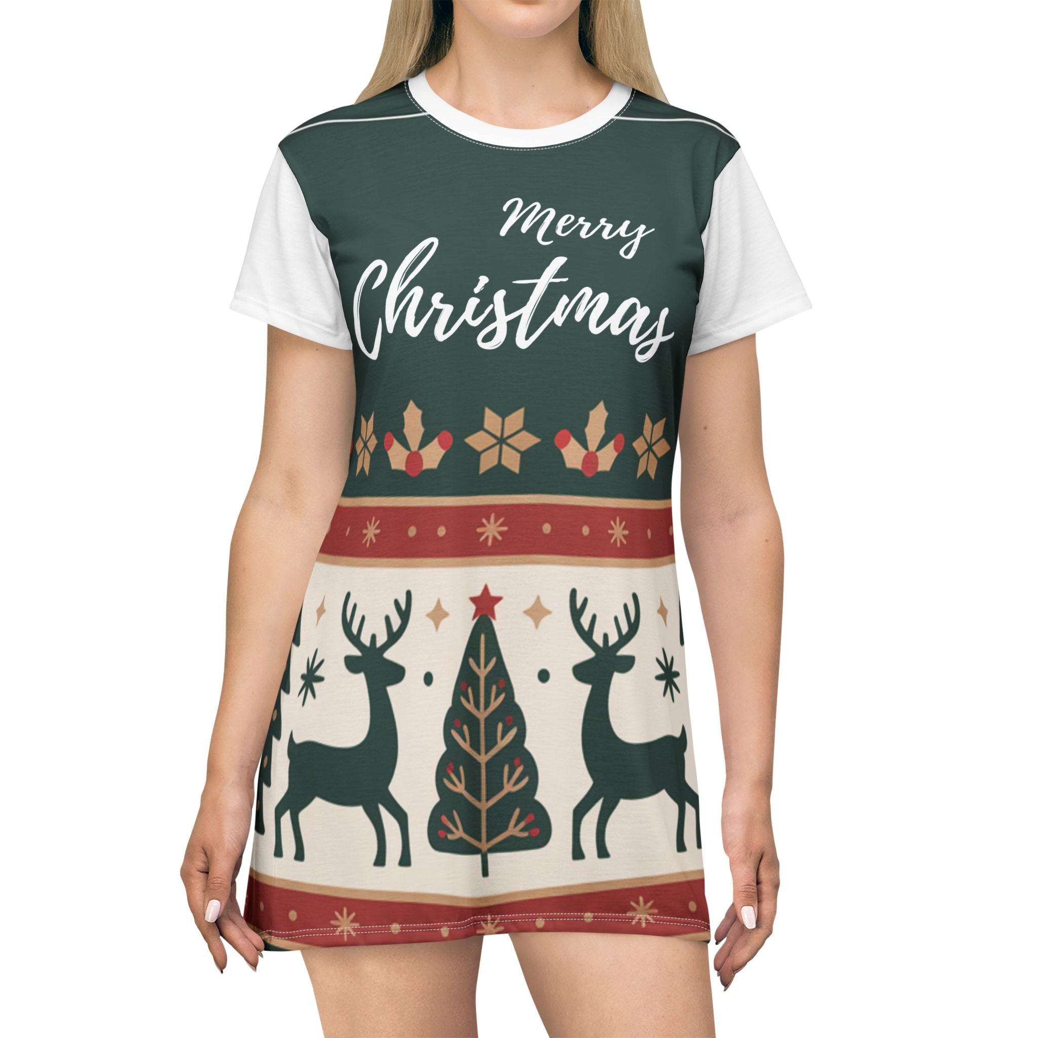 Merry Christmas Reindeer T‑Shirt Dress — Festive Holiday AOP Dress