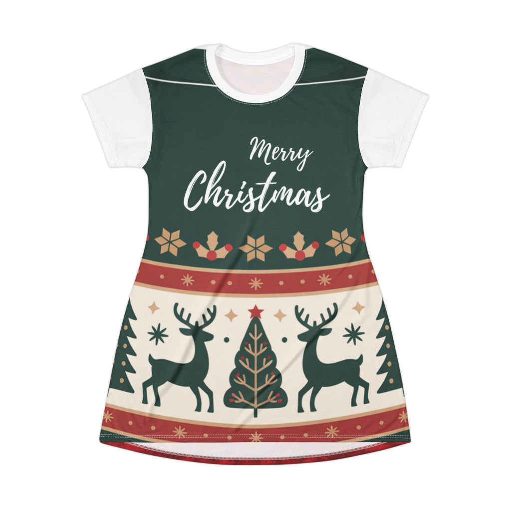 Merry Christmas Reindeer T‑Shirt Dress — Festive Holiday AOP Dress