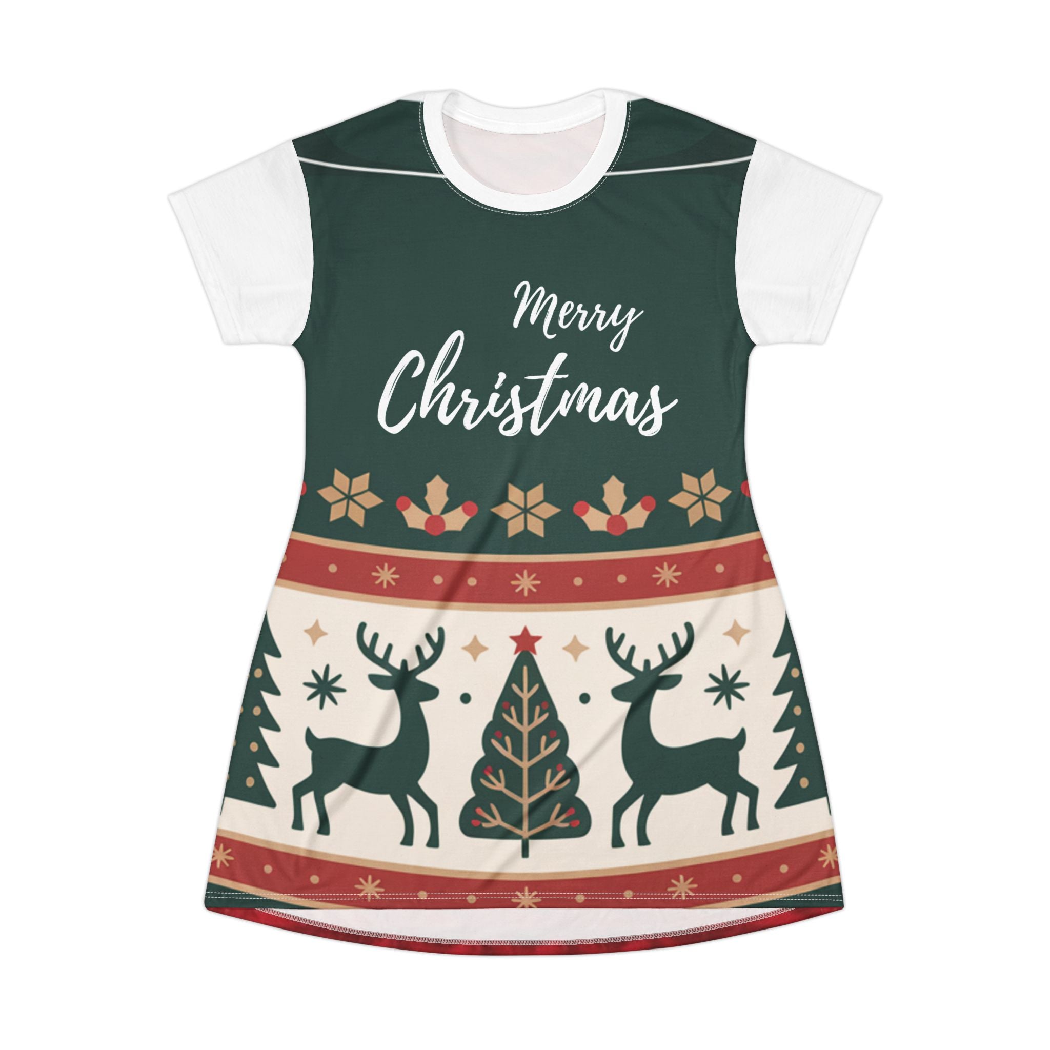 Merry Christmas Reindeer T‑Shirt Dress — Festive Holiday AOP Dress