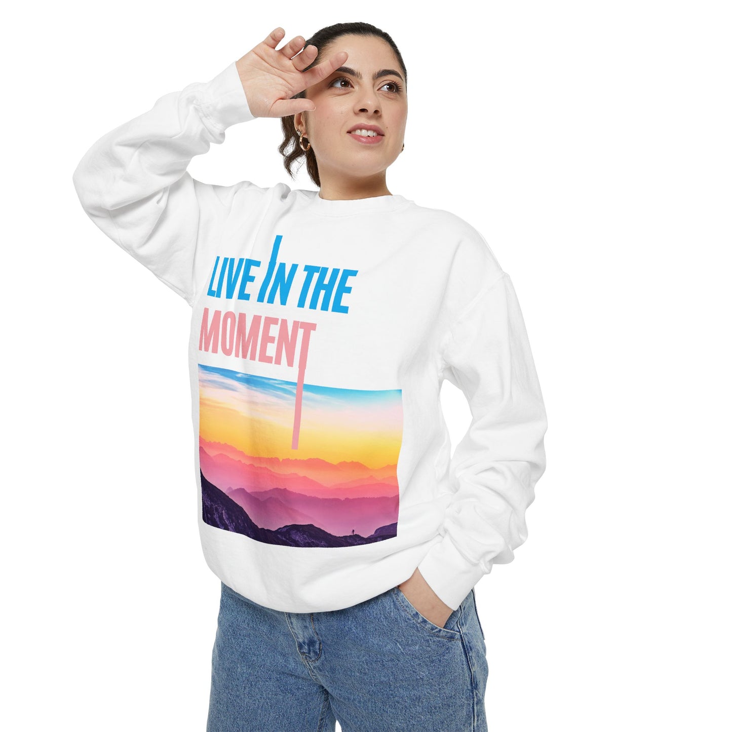 Live In The Moment Sweatshirt — Sunset Mountain Graphic Crewneck