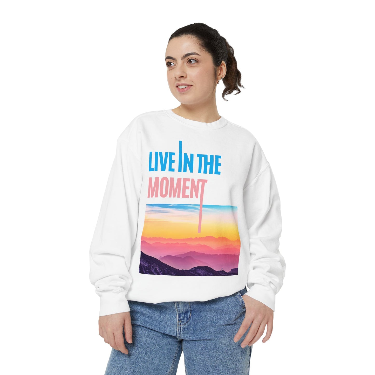Live In The Moment Sweatshirt — Sunset Mountain Graphic Crewneck