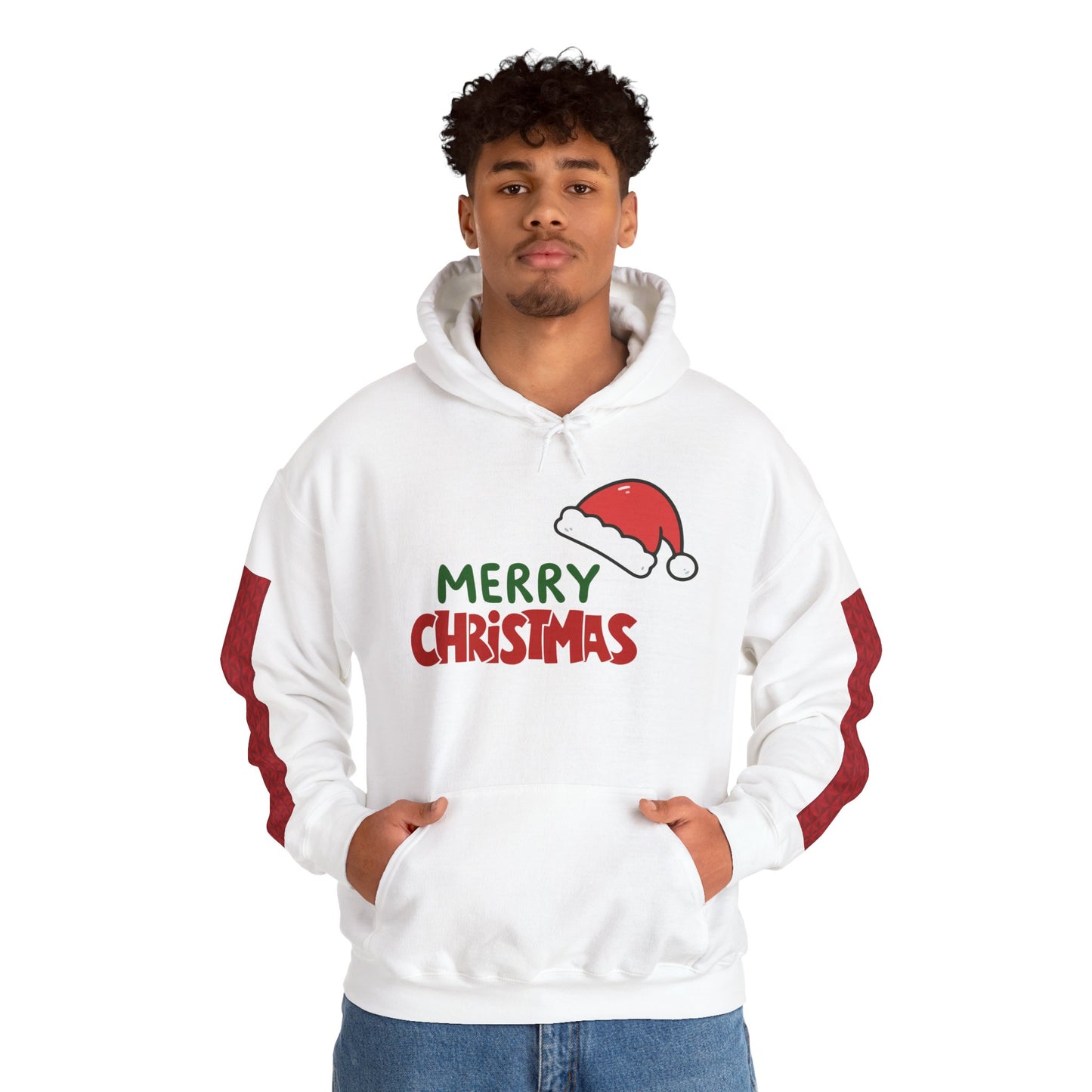 Christmas Hoodie - 'Merry Christmas' Santa Hat & Cozy Cabin Tree Holiday Pullover