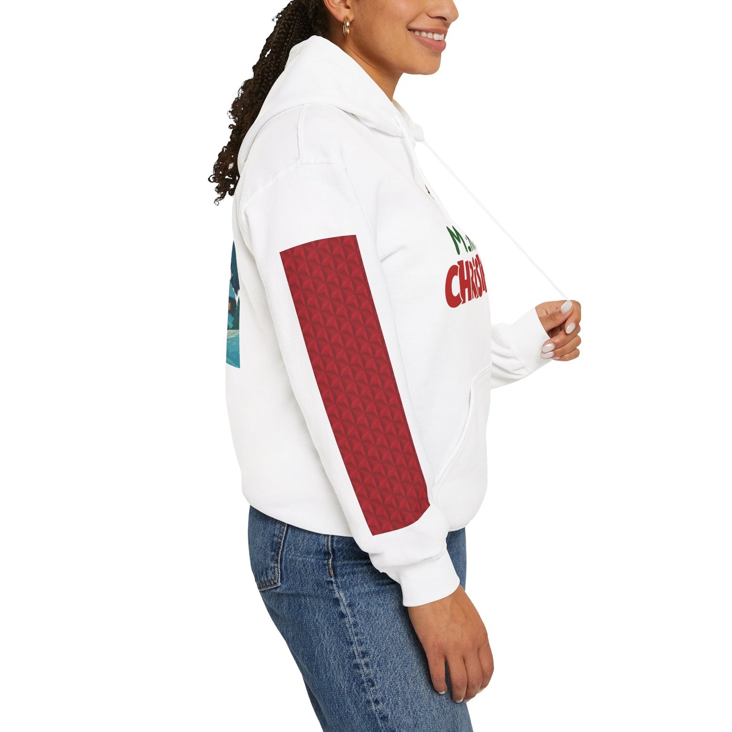 Christmas Hoodie - 'Merry Christmas' Santa Hat & Cozy Cabin Tree Holiday Pullover