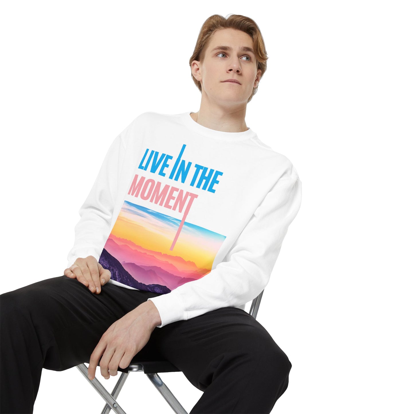 Live In The Moment Sweatshirt — Sunset Mountain Graphic Crewneck