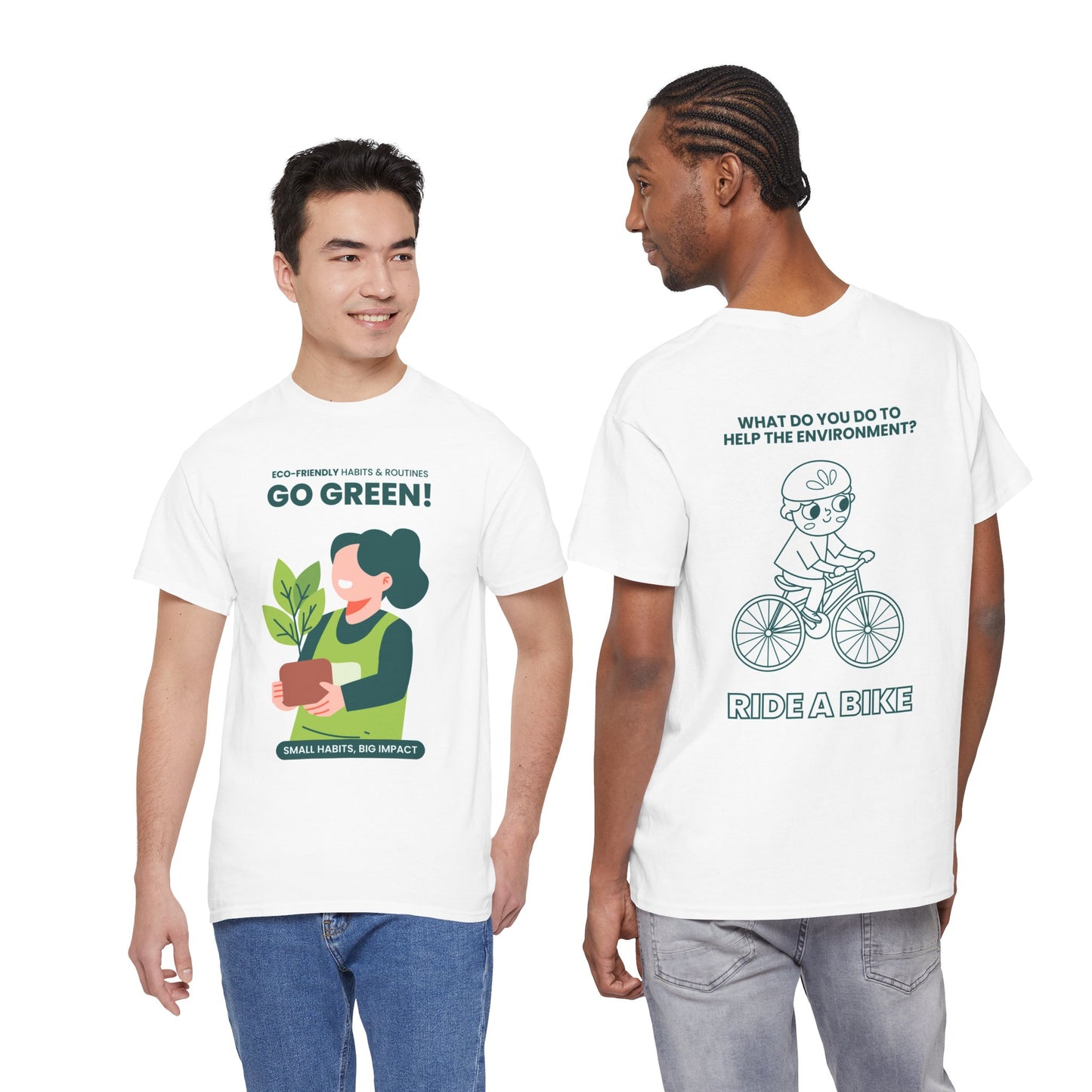 Go Green T-Shirt — Eco-Friendly Plant & Bike Graphic Tee ("Go Green!" / "Ride a Bike")